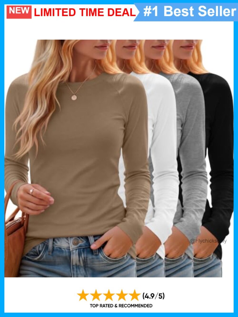 Women's Long Sleeve Crew Neck Cotton Blend Slim Fit T-Shirt 4 Pack